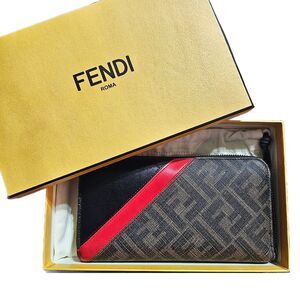 Fendi Zucca Zip Long Wallet Brown FF Canvas & Red Stripe Leather Italy Authentic